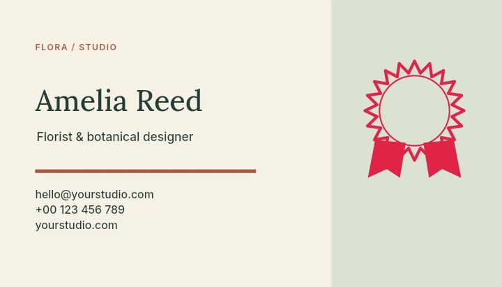 20-point pronounced badge · with a split ribbon in Flora studio · Botanical business card