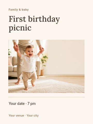 Baby Taking First Steps Indoors in First birthday picnic invitation template