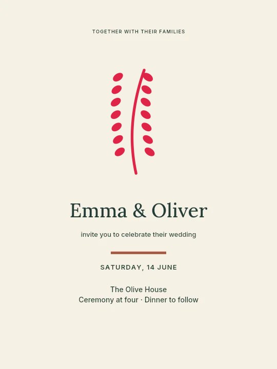 Round sprig with 7 leaf pairs in Olive garden · Wedding invitation