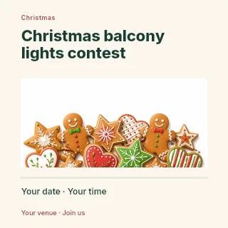 assorted decorated christmas gingerbread cookies in Christmas balcony lights contest social media post · Title & photograph