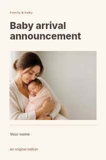 Baby arrival announcement book cover template · Title & photograph