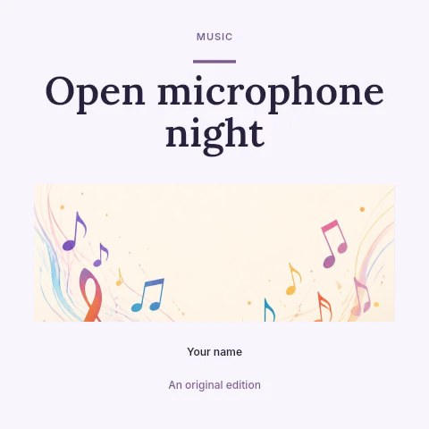 Open music book with colorful notes in Open microphone night · Quiet photo gallery