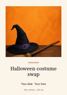 witch hat and broom on wooden table in Halloween costume swap flyer · Quiet photo gallery
