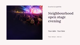 Neighbourhood open stage evening presentation cover template · Horizontal photo dialogue