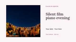 Silent film piano evening presentation cover template · Horizontal photo dialogue