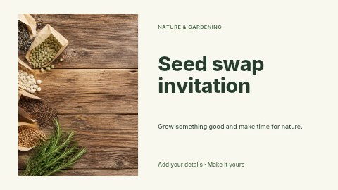 Variety of garden seed packets and gardening tools in Seed swap invitation youtube thumbnail template
