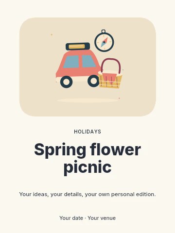 Holiday road trip with car and a picnic basket in Spring flower picnic invitation template