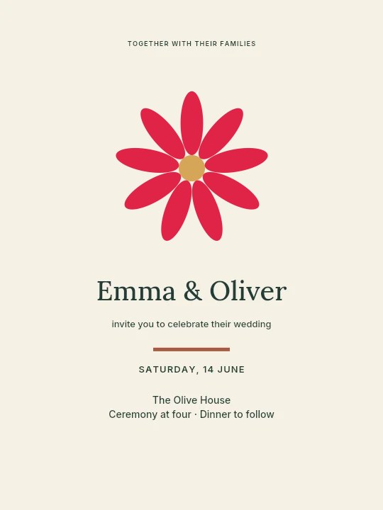 Daisy flower · 9 petals and seed centre in Olive garden · Wedding invitation