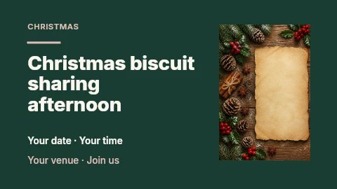 Rustic Christmas Background with Paper and Pinecones in Christmas biscuit sharing afternoon presentation cover · Horizontal photo dialogue