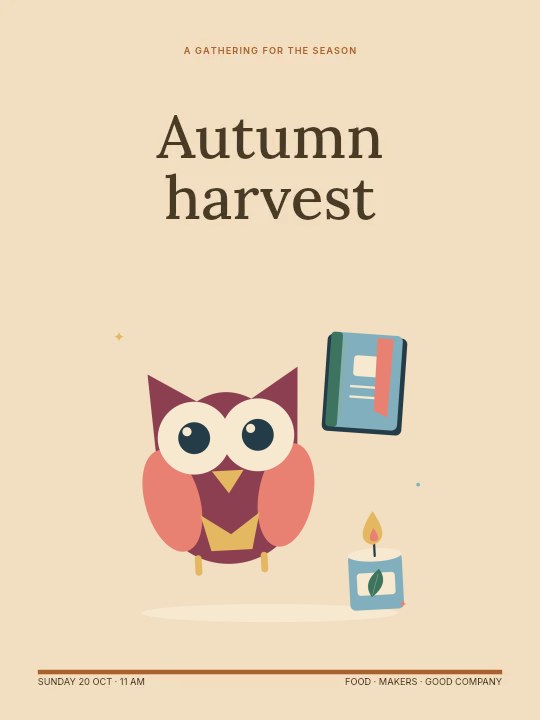 Midnight owl with a spell book and candle in Autumn harvest · Seasonal poster
