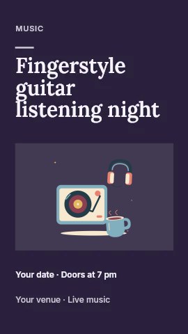 Vinyl listening corner with headphones and warm tea in Fingerstyle guitar listening night instagram story · Title & photograph