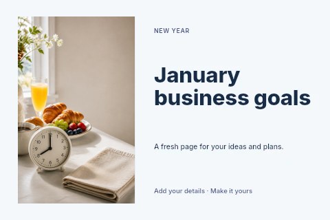 Breakfast table with clock and fruit in January business goals postcard template