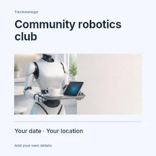 Friendly robot serving coffee on tray in Community robotics club · Title & photograph