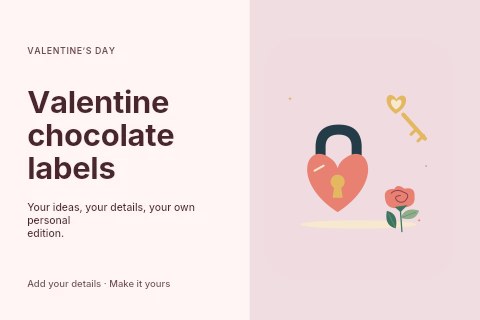 Heart lock with a key and a little rose in Valentine chocolate labels postcard template