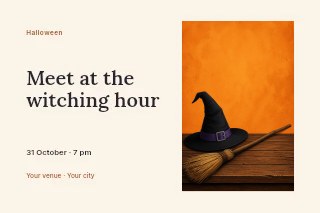 witch hat and broom on wooden table in Halloween witches dance photo layout · Horizontal photo dialogue