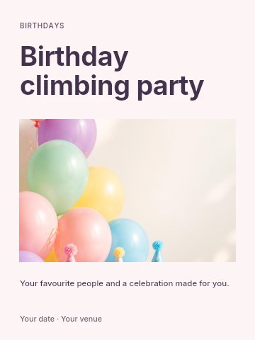 Pastel birthday party decorations with balloons in Birthday climbing party invitation template