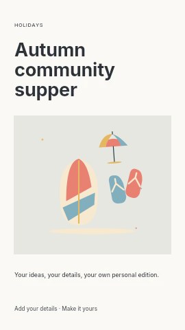 Beach afternoon with surfboard and flip flops in Autumn community supper instagram story template