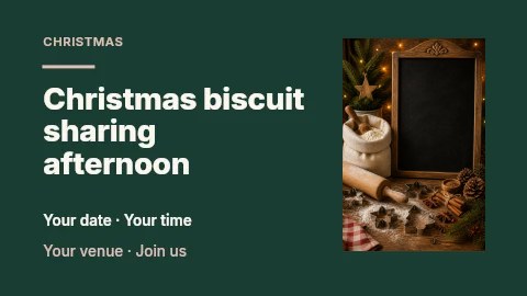 Christmas baking setup with chalkboard in Christmas biscuit sharing afternoon presentation cover · Horizontal photo dialogue