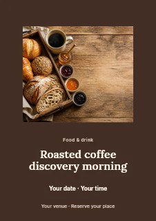 Rustic breakfast tray with bread and coffee in Roasted coffee discovery morning flyer · Picture window