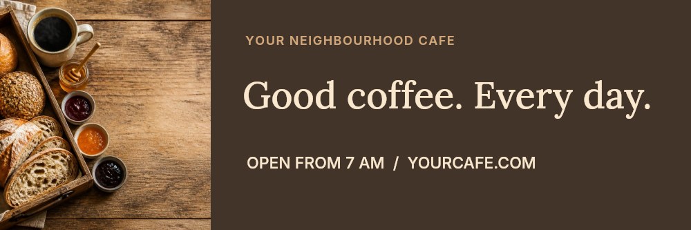 Rustic breakfast tray with bread and coffee in Good coffee daily · Cafe banner