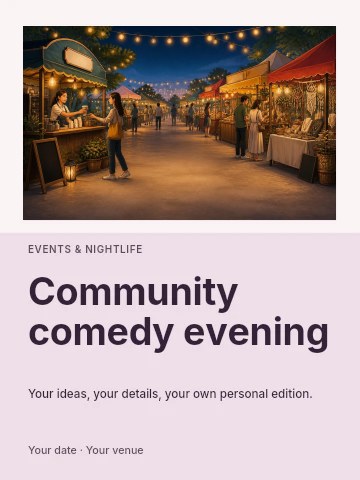 Evening outdoor market with string lights in Community comedy evening poster template