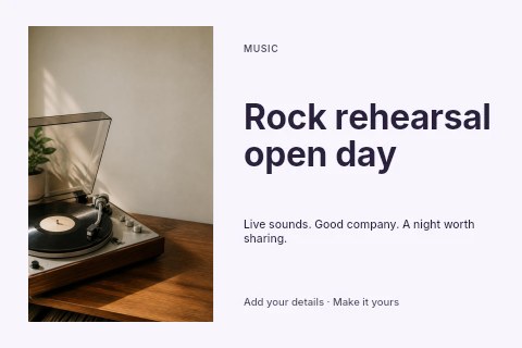Rock rehearsal open day postcard template