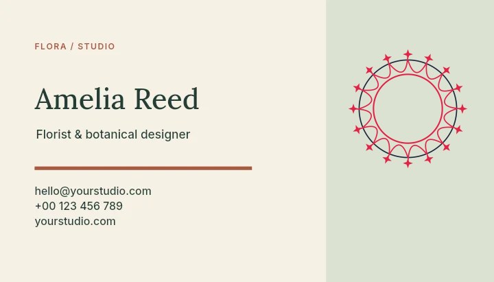 Sparkle radial emblem · 16 motifs and interlaced in Flora studio · Botanical business card