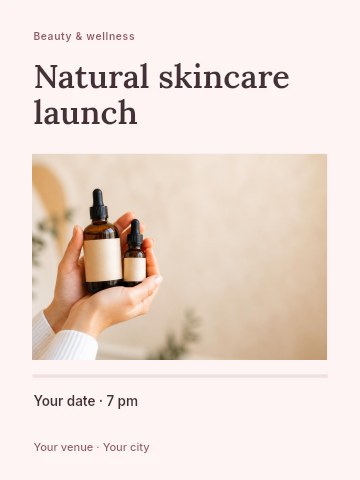 Hands holding amber cosmetic dropper bottles in Natural skincare launch invitation template