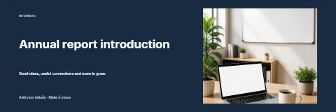 Minimalist home office workspace setup in Annual report introduction banner template