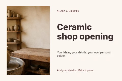 Pottery studio with wheel and ceramics in Ceramic shop opening postcard template