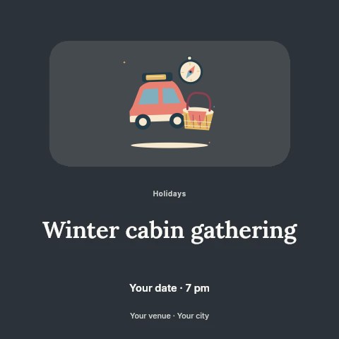 Holiday road trip with car and a picnic basket in Winter cabin gathering social media post template