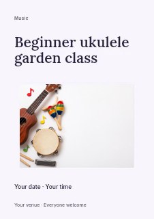 Colorful musical instruments on white background in Beginner ukulele garden class flyer · Modern programme