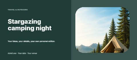 Camping tent with backpack in forest in Stargazing camping night event ticket template
