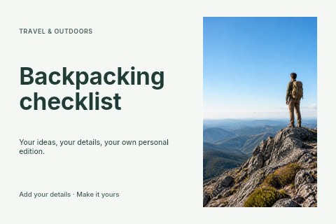Man standing on rocky mountain peak in Backpacking checklist postcard template