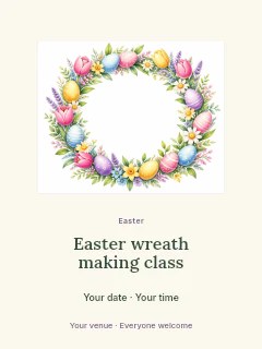 Floral Easter wreath with decorated eggs in Easter wreath making class poster · Picture window