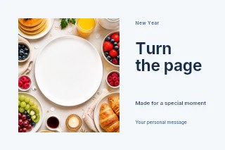 Breakfast table with fresh fruit and pastries in New Year fresh chapter photo layout · Horizontal photo dialogue