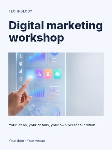 Hand interacting with futuristic digital dashboard in Digital marketing workshop invitation template