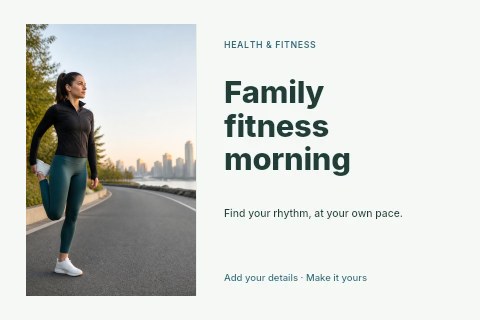 Woman stretching leg before run outdoors in Family fitness morning postcard template