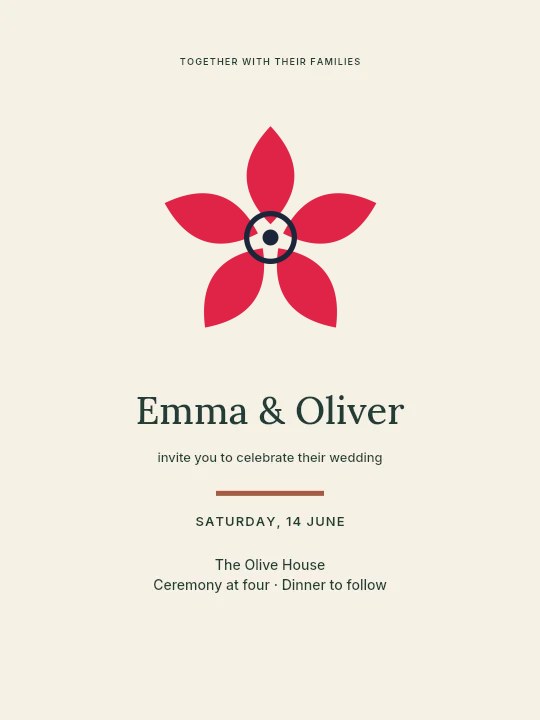 Almond flower · 5 petals and ring centre in Olive garden · Wedding invitation