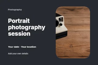 Vintage instant camera on wooden surface in Portrait photography session · Horizontal photo dialogue