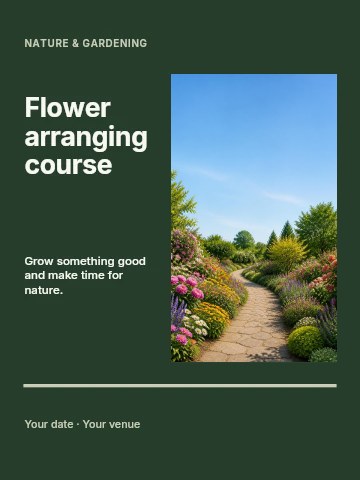 Curved stone path in vibrant flower garden in Flower arranging course invitation template