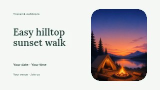 Easy hilltop sunset walk presentation cover template · Horizontal photo dialogue