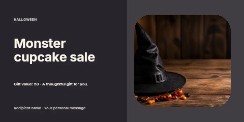 Witch hat with Halloween candy on wood in Monster cupcake sale gift voucher template