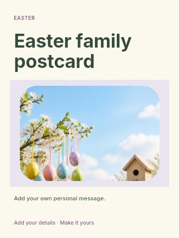 Easter eggs hanging on blossoming tree branch in Easter family postcard greeting card template