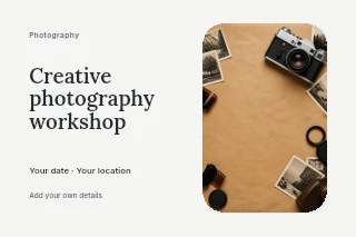 Creative photography workshop postcard template · Horizontal photo dialogue