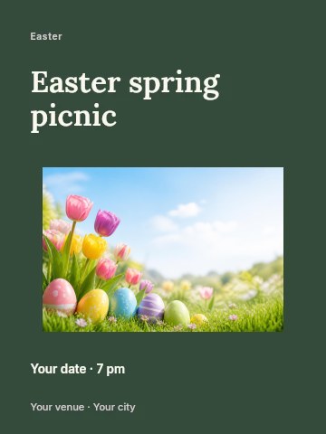 Colorful Easter eggs and tulips in Easter spring picnic invitation template