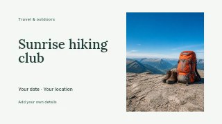 Sunrise hiking club presentation cover template · Horizontal photo dialogue