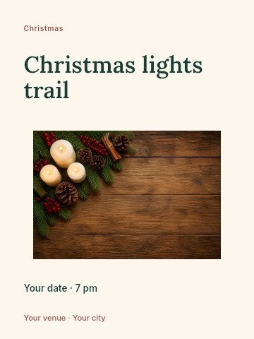 Festive Christmas candles and greenery in Christmas lights trail invitation template