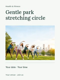 Group stretching exercise in city park in Gentle park stretching circle poster · Title & photograph