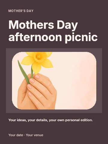 hands holding yellow daffodil flower in Mothers Day afternoon picnic invitation template